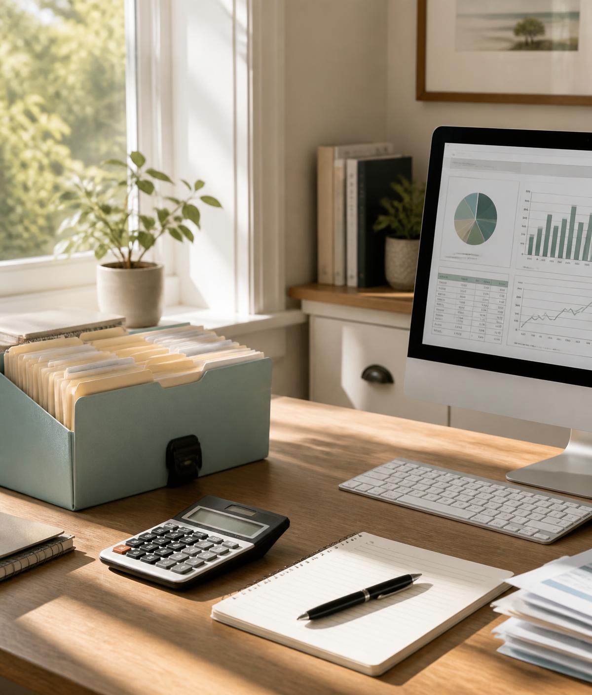 Bright home office desk with a monitor showing financial reports, a filing box and a calculator